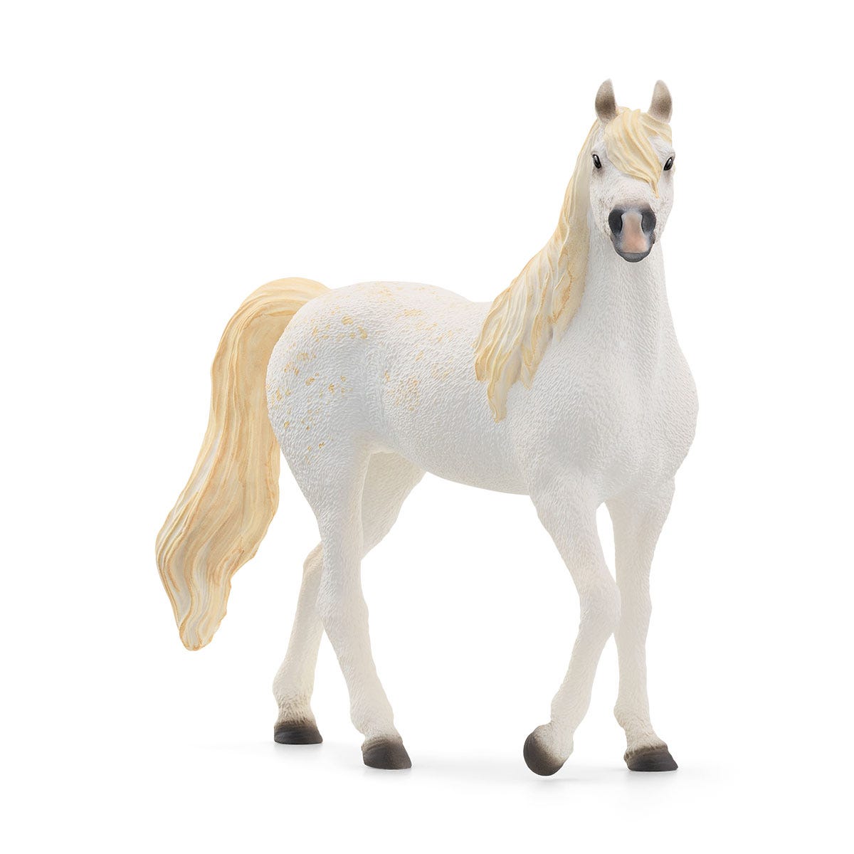 White dappled Arab Mare figurine with flowing blonde mane and tail, standing on a white background