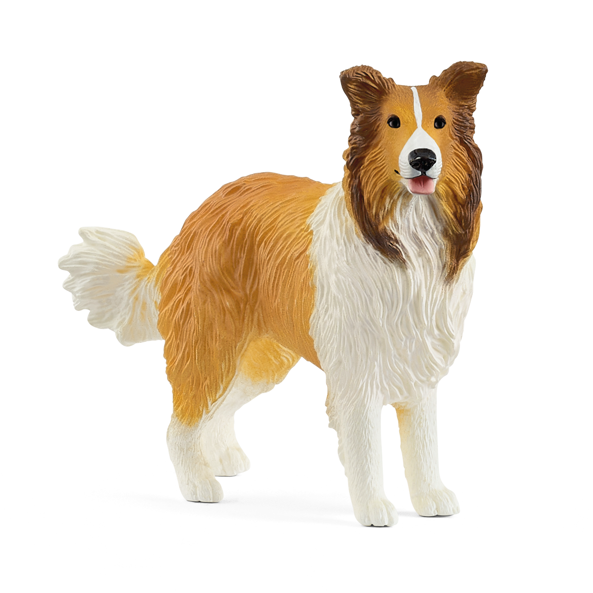 Brown and white Rough Collie dog figurine stands, mouth slightly open, on a white background