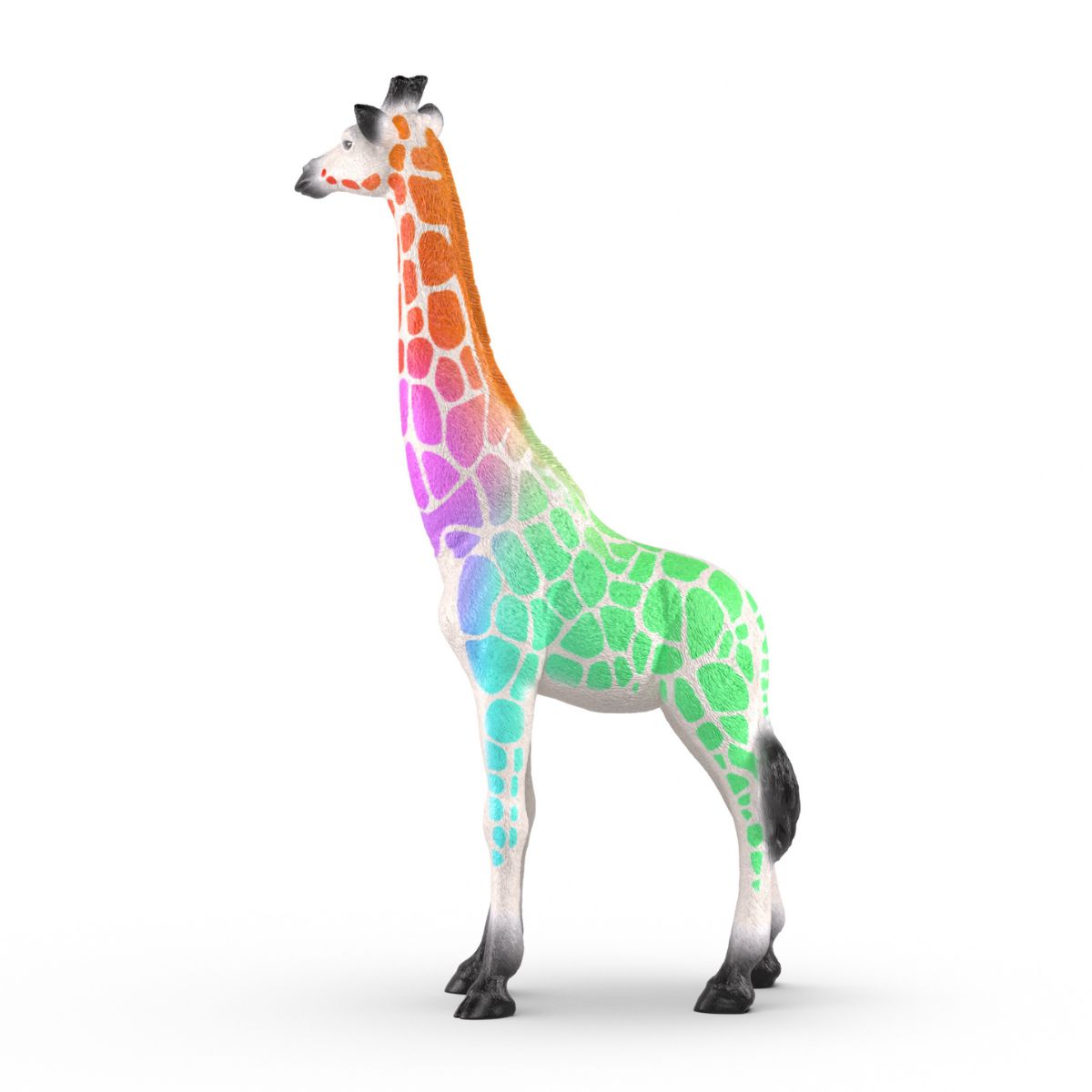A giraffe with a rainbow-colored, spotted pattern on its body stands against a white background