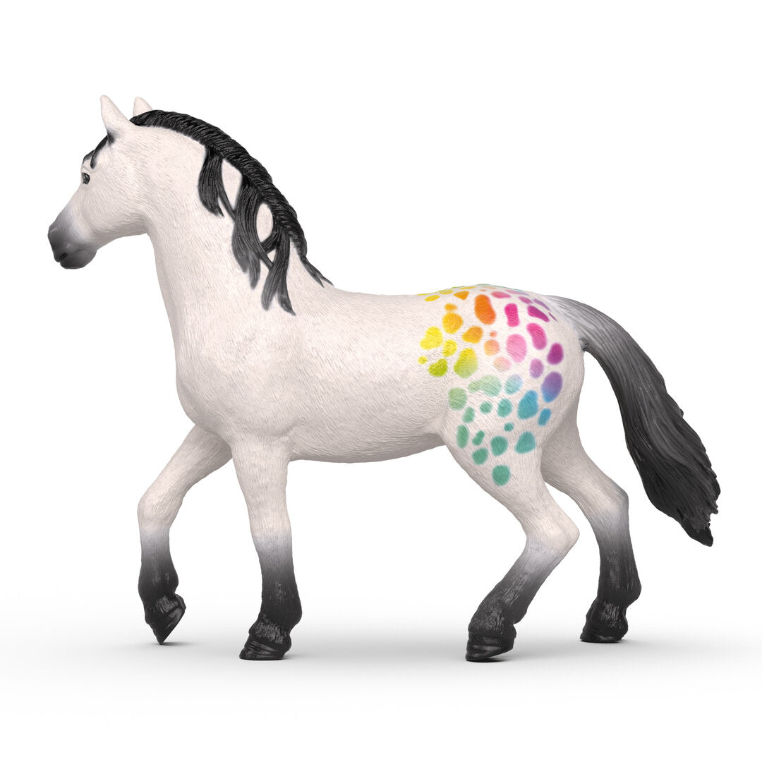 White horse figurine with braided black mane, tail, hooves and rainbow spots on its flank, standing