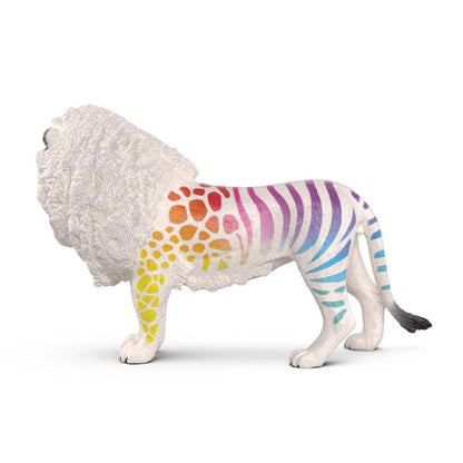 White lion figurine standing, with rainbow giraffe spots flowing into rainbow zebra stripes