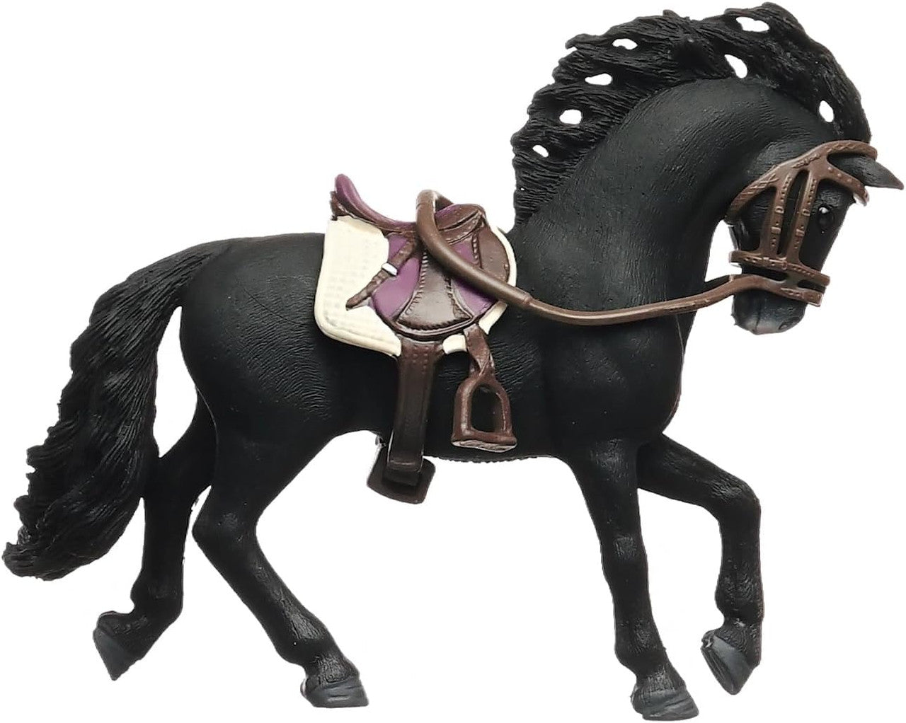 Saddled black toy horse figurine with brown bridle, one front leg lifted
