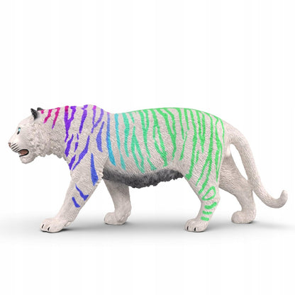 A white tiger model with gradient stripes from pink to green, walking on a white background