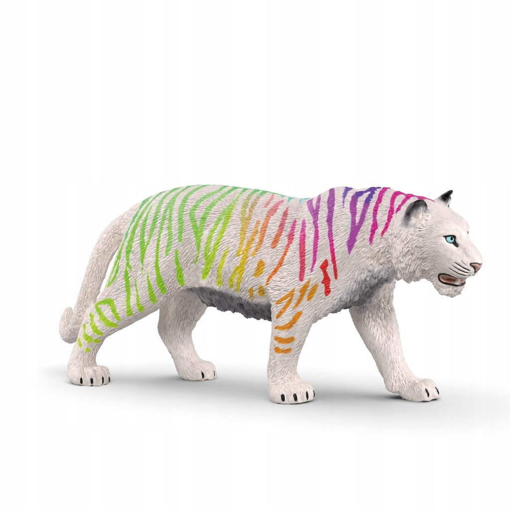 White tiger with rainbow stripes and blue eyes, walking