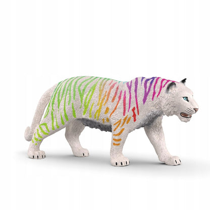White tiger with rainbow stripes and blue eyes, walking