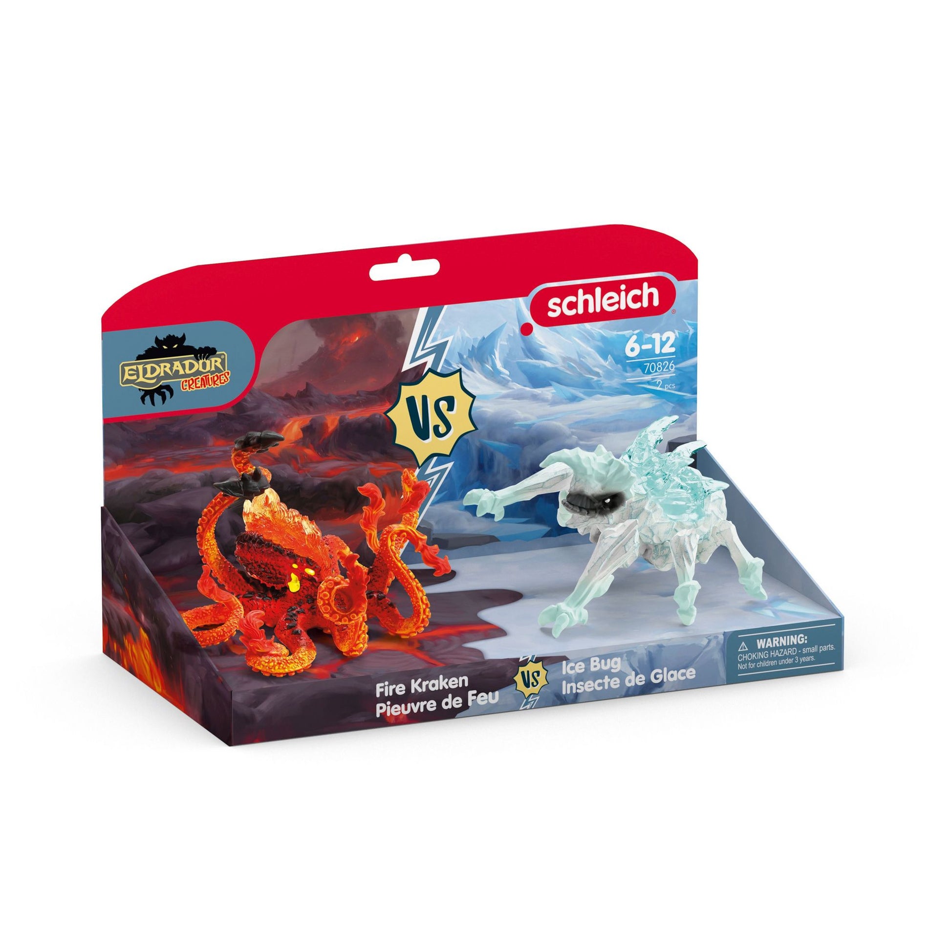 Schleich Eldrador Creatures toy box with a red Fire Kraken and a blue Ice Bug facing off, backgrounds depict lava and ice
