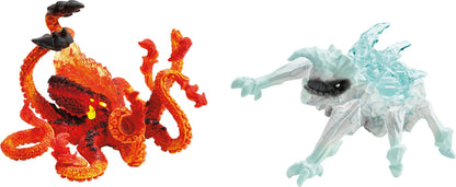 A fiery red kraken figure with glowing yellow eyes, next to a white ice monster figure with blue crystal spikes