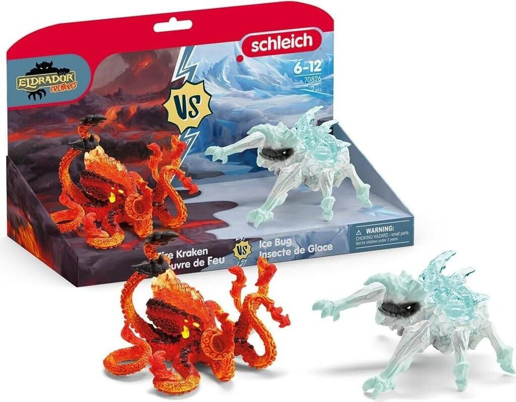 Schleich Eldrador Creatures battle set: a fiery Fire Kraken vs. an icy Ice Bug, displayed in box and loose