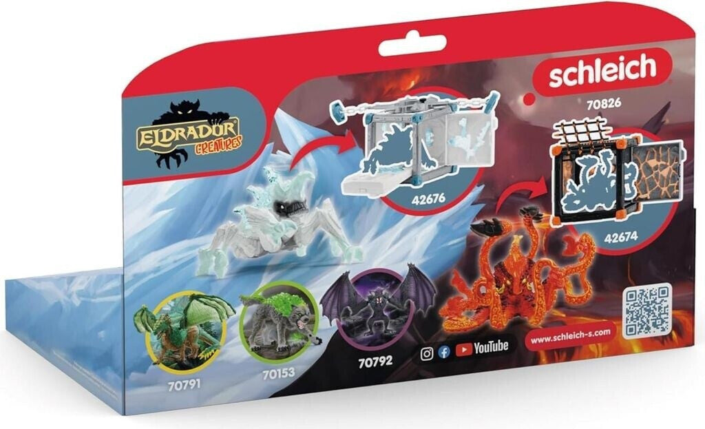 Schleich Eldrador Creatures packaging displaying ice and lava monsters with matching traps, alongside other fantasy figures