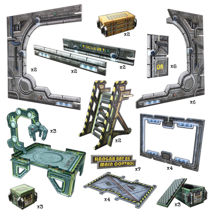 Modular sci-fi game assets: detailed walls, a robotic arm platform, stairs, and crates for an industrial setting.
