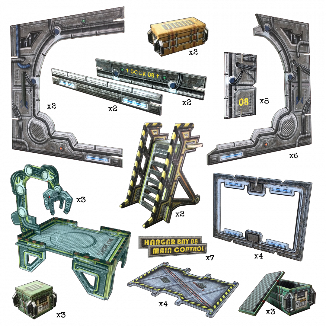 Modular sci-fi game assets: detailed walls, a robotic arm platform, stairs, and crates for an industrial setting.