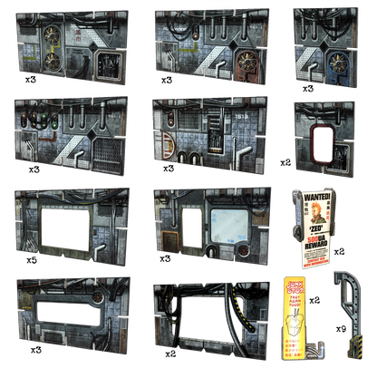 A grid of sci-fi industrial wall panels featuring pipes, wires, vents, fans, screens, and miscellaneous props.