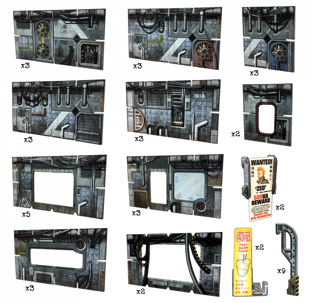 A grid of sci-fi industrial wall panels featuring pipes, wires, vents, fans, screens, and miscellaneous props.