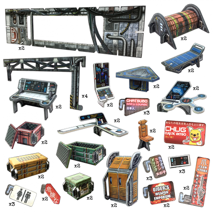 A collection of 3D sci-fi game assets: industrial wall sections, futuristic terminals, containers, and various themed signs.