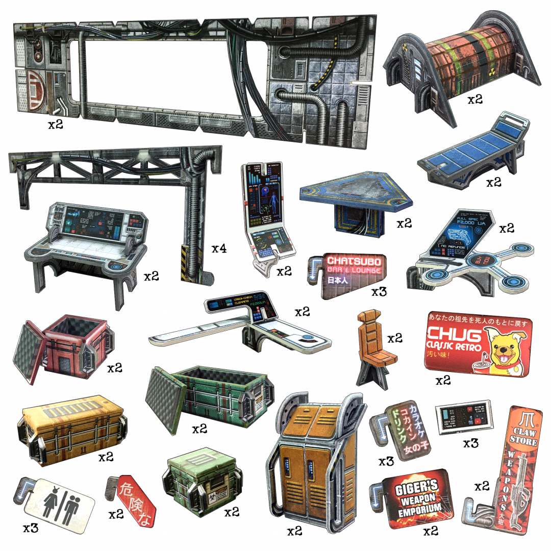 A collection of 3D sci-fi game assets: industrial wall sections, futuristic terminals, containers, and various themed signs.