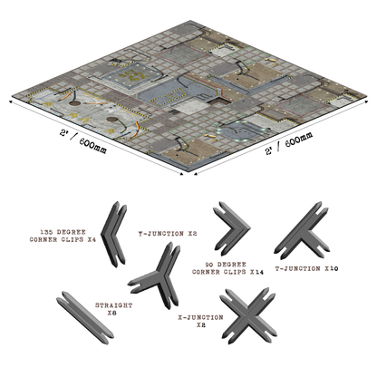 Modular sci-fi floor tile set in isometric view, with corresponding straight, corner, T, Y, and X shaped connectors.