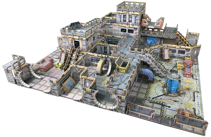 A detailed, multi-level sci-fi industrial facility tabletop terrain, featuring walkways, stairs, and glowing machinery on black.