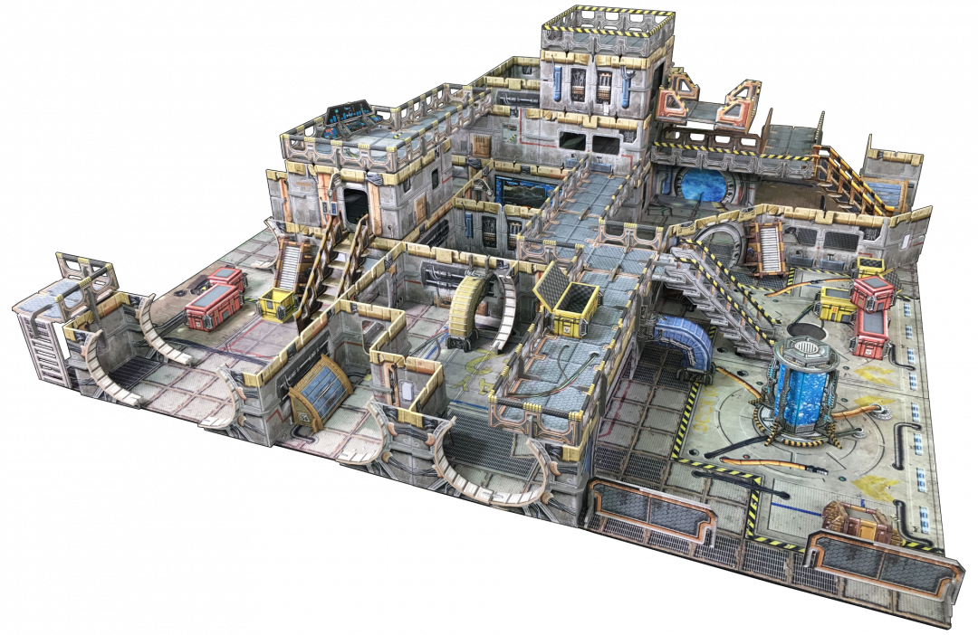 A detailed, multi-level sci-fi industrial facility tabletop terrain, featuring walkways, stairs, and glowing machinery on black.