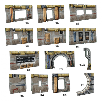 Modular sci-fi industrial wall panels and structural elements, featuring windows, exposed pipes, and wiring.