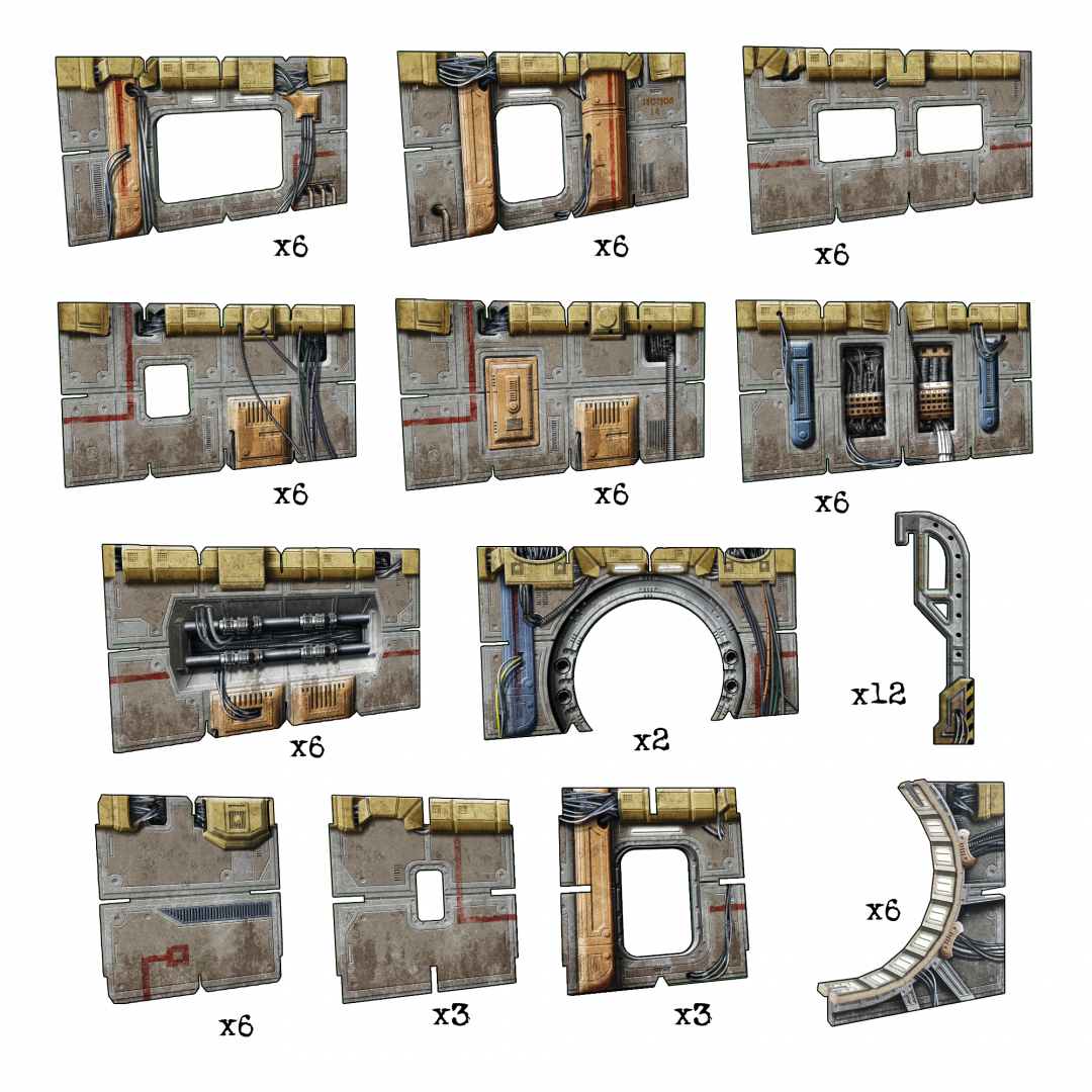Modular sci-fi industrial wall panels and structural elements, featuring windows, exposed pipes, and wiring.