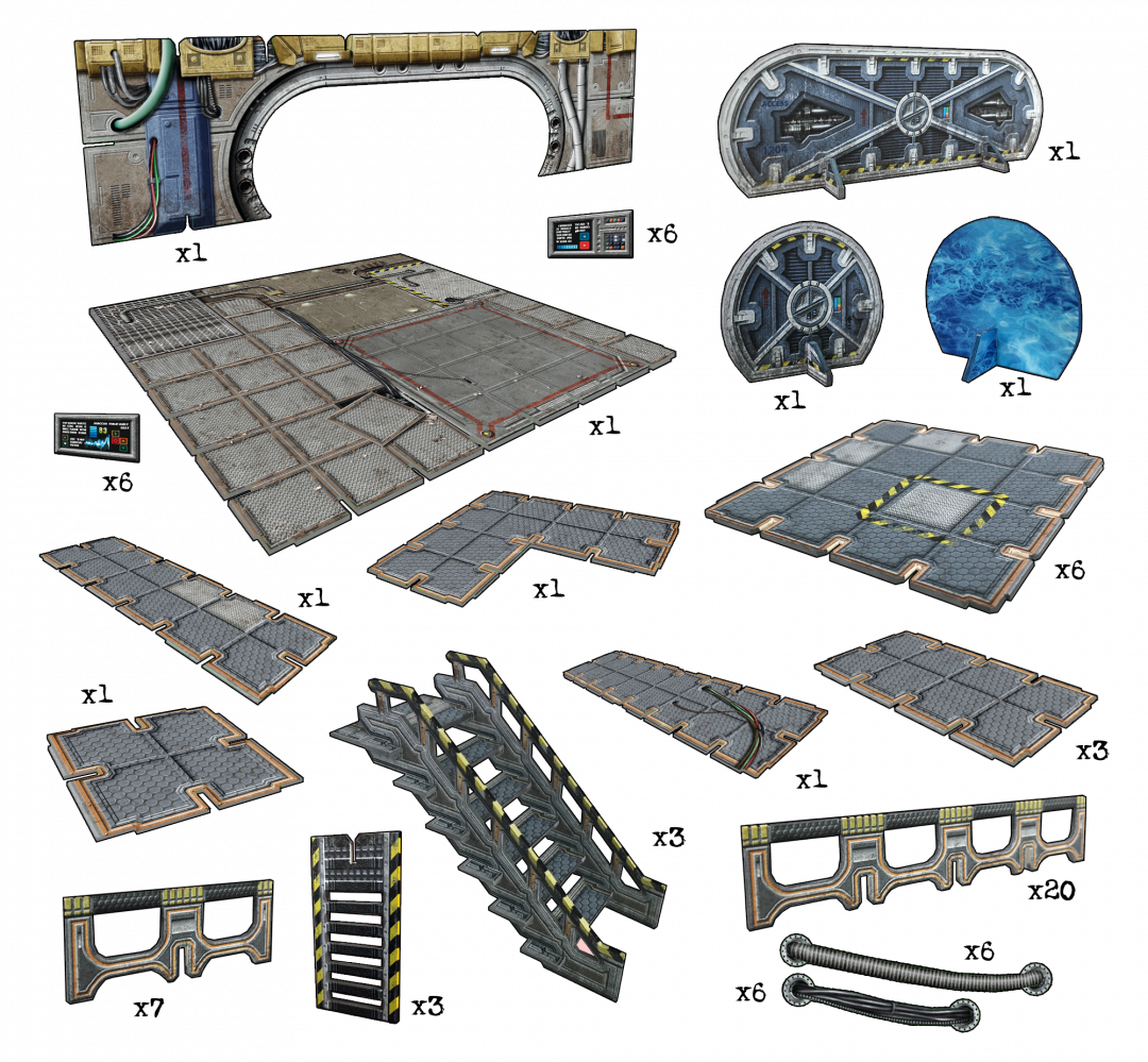 Sci-fi modular assets: textured floor tiles, futuristic doors, walls, stairs, and various structural components.