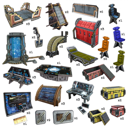 Diverse sci-fi game assets: control panels, chairs, beds, storage lockers, crates, and a cryo-pod.