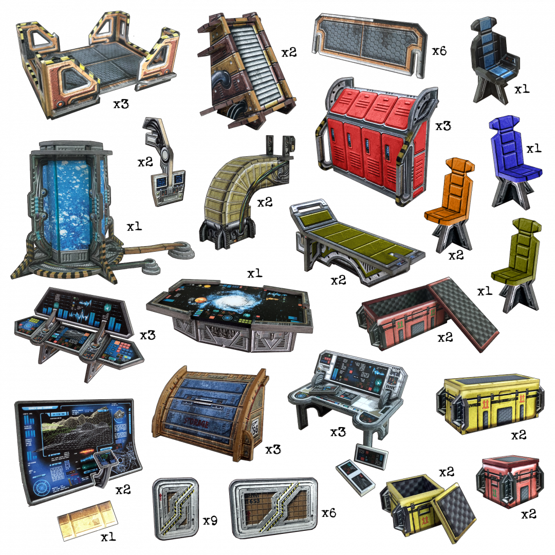 Diverse sci-fi game assets: control panels, chairs, beds, storage lockers, crates, and a cryo-pod.