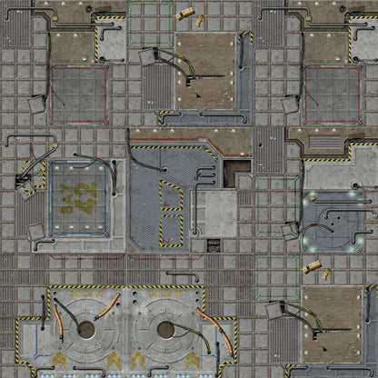 Top-down view of a modular sci-fi industrial floor map with grates, pipes, hazard stripes, and labeled bays.
