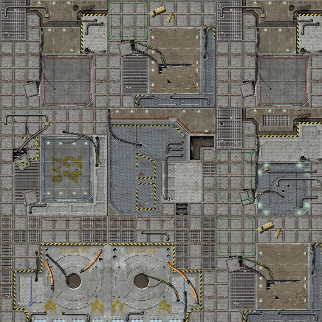 Top-down view of a modular sci-fi industrial floor map with grates, pipes, hazard stripes, and labeled bays.