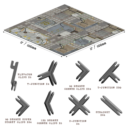 Modular sci-fi floor tile system displayed with various gray connector clips (Y, T, X, corner, straight, elevator) and their quantities.