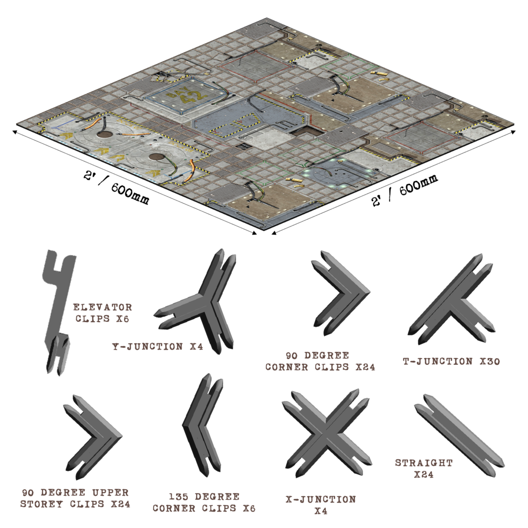 Modular sci-fi floor tile system displayed with various gray connector clips (Y, T, X, corner, straight, elevator) and their quantities.