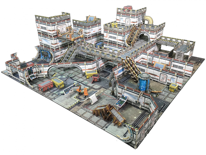 A multi-level sci-fi modular game terrain, featuring corridors, stairs, and futuristic equipment.