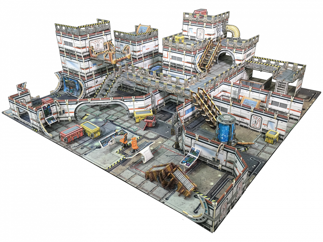 A multi-level sci-fi modular game terrain, featuring corridors, stairs, and futuristic equipment.