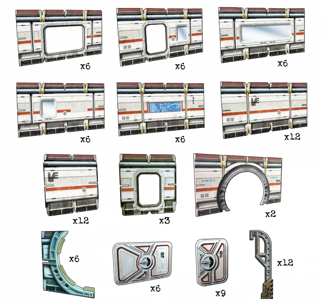 A set of various futuristic modular wall panels, doors, windows, and hatches, in white, gray, and orange.