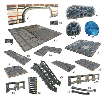 Sci-fi modular environment kit with floor panels, doors, stairs, walls, and control screens.