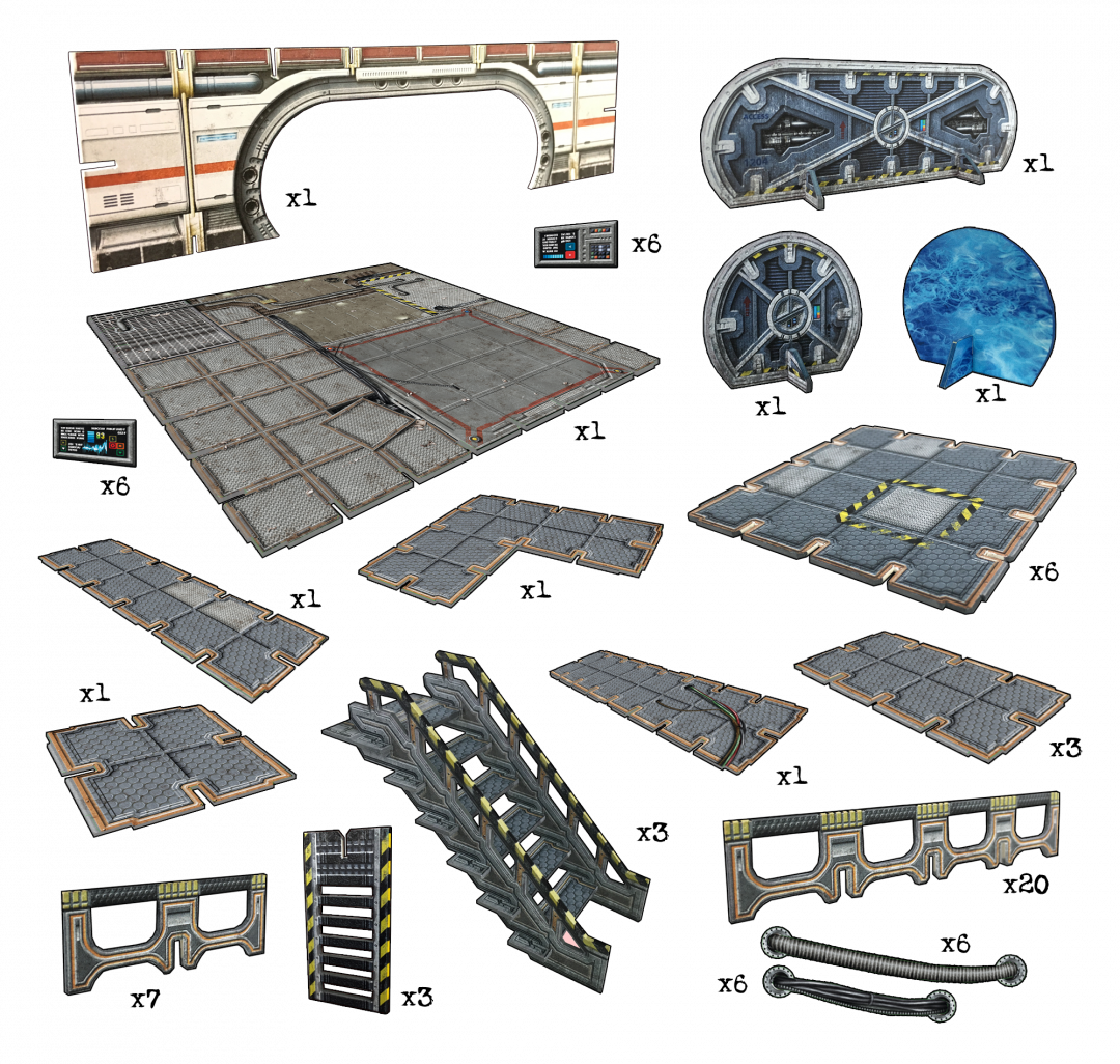 Sci-fi modular environment kit with floor panels, doors, stairs, walls, and control screens.