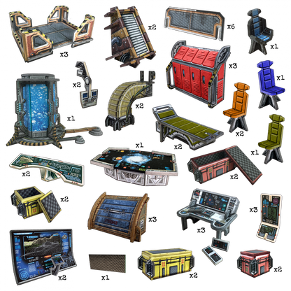 Various sci-fi furniture and equipment: chairs, consoles, beds, storage units, and a glowing cryo-pod.