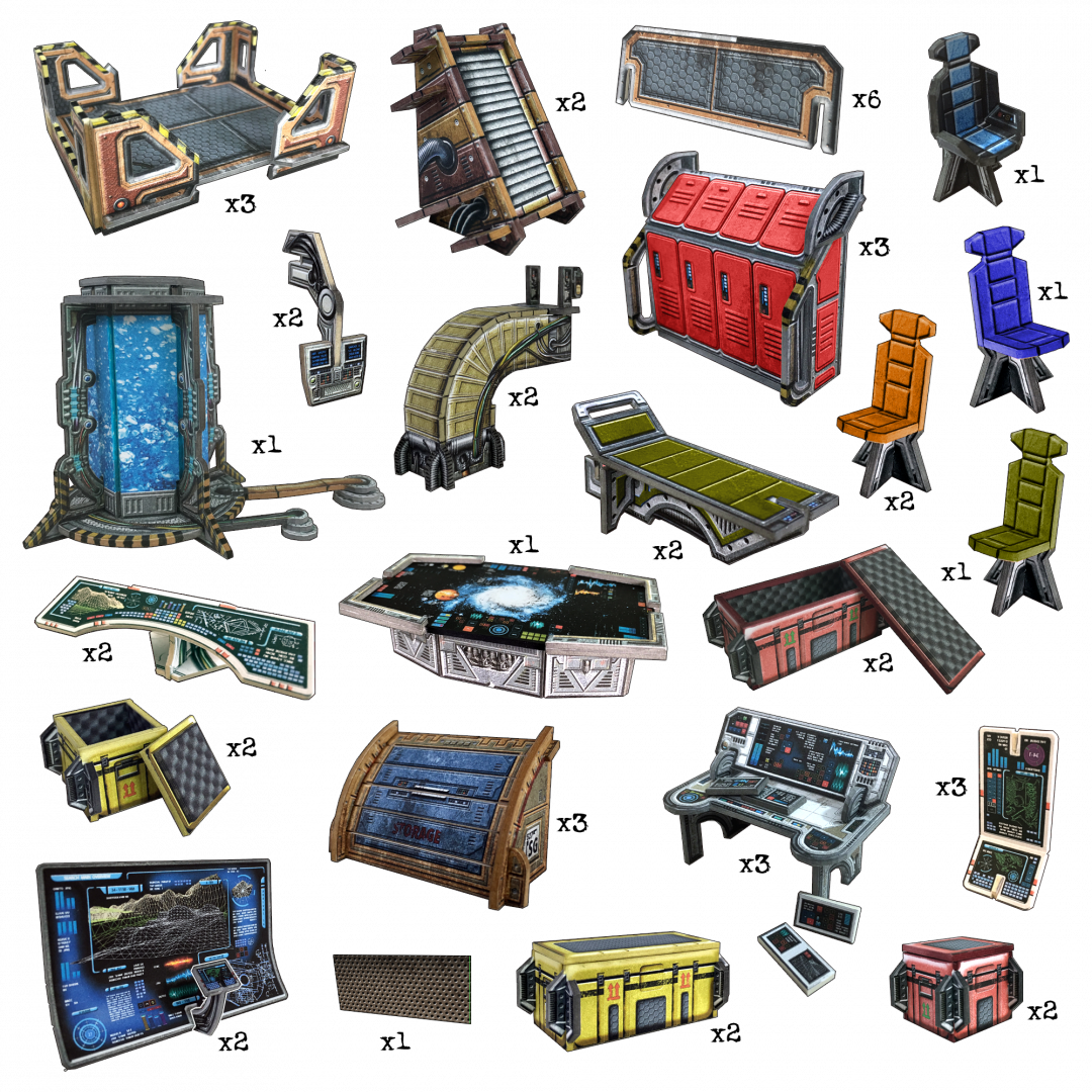 Various sci-fi furniture and equipment: chairs, consoles, beds, storage units, and a glowing cryo-pod.