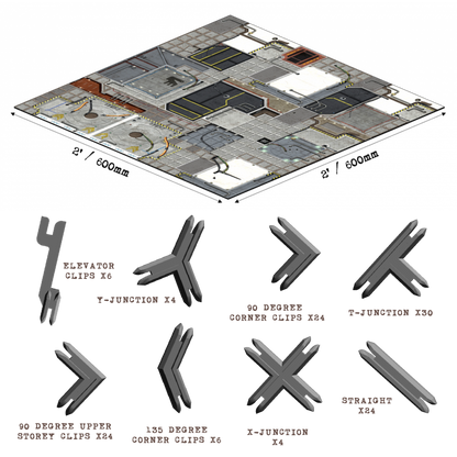 Modular sci-fi floor tiles and various grey clips for connecting custom layouts.