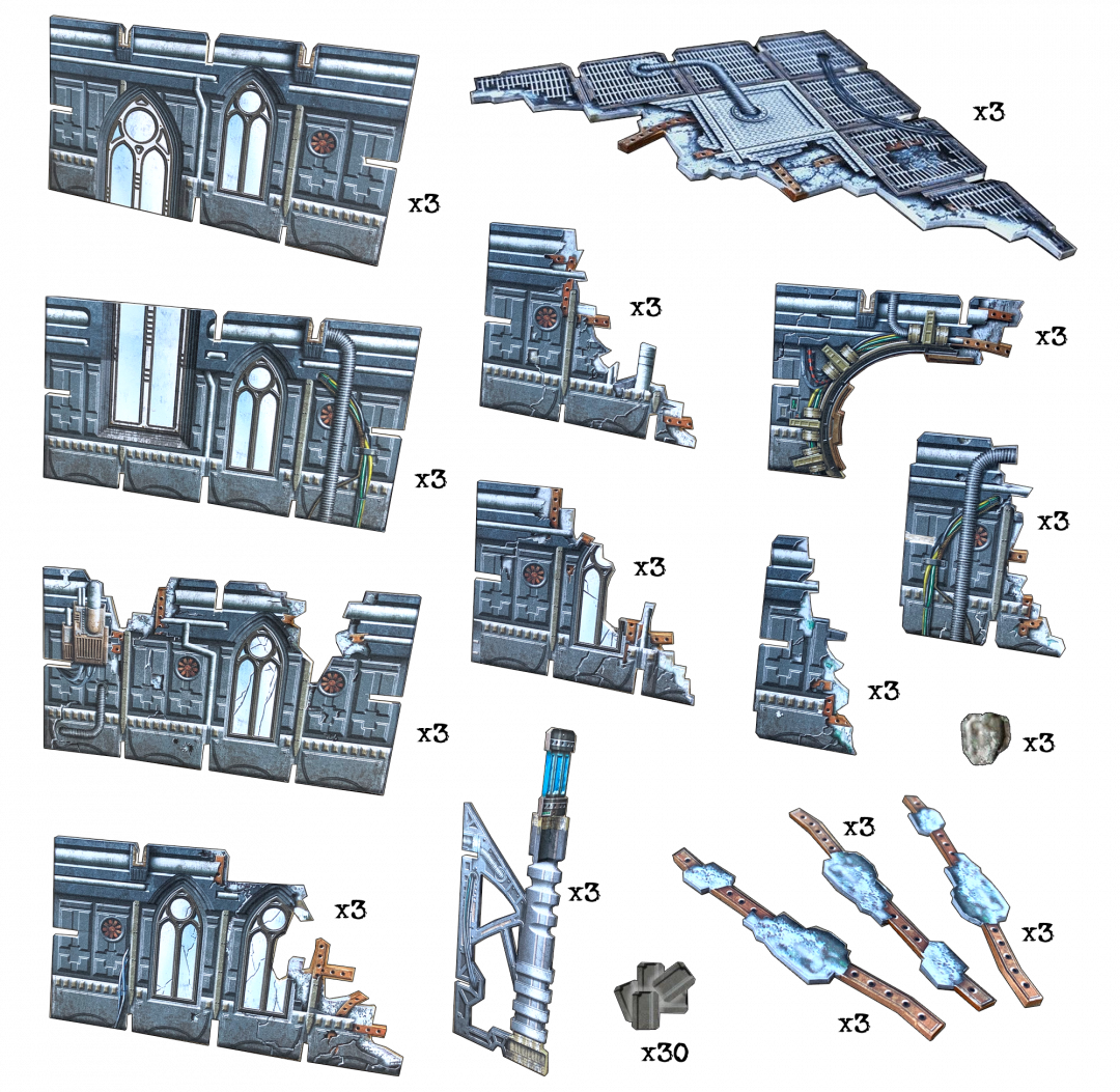 Modular ruined gothic sci-fi terrain pieces: walls with arched windows, industrial grates, pipes, and icy beams.