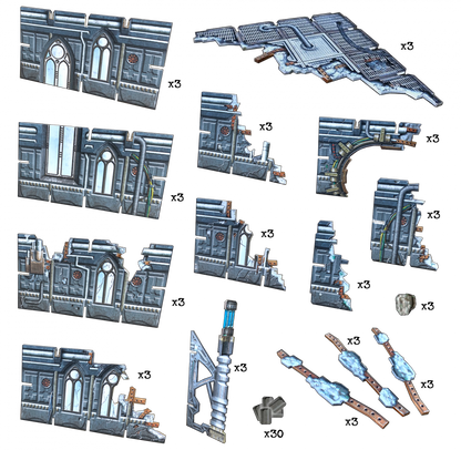 Modular ruined gothic sci-fi terrain pieces: walls with arched windows, industrial grates, pipes, and icy beams.
