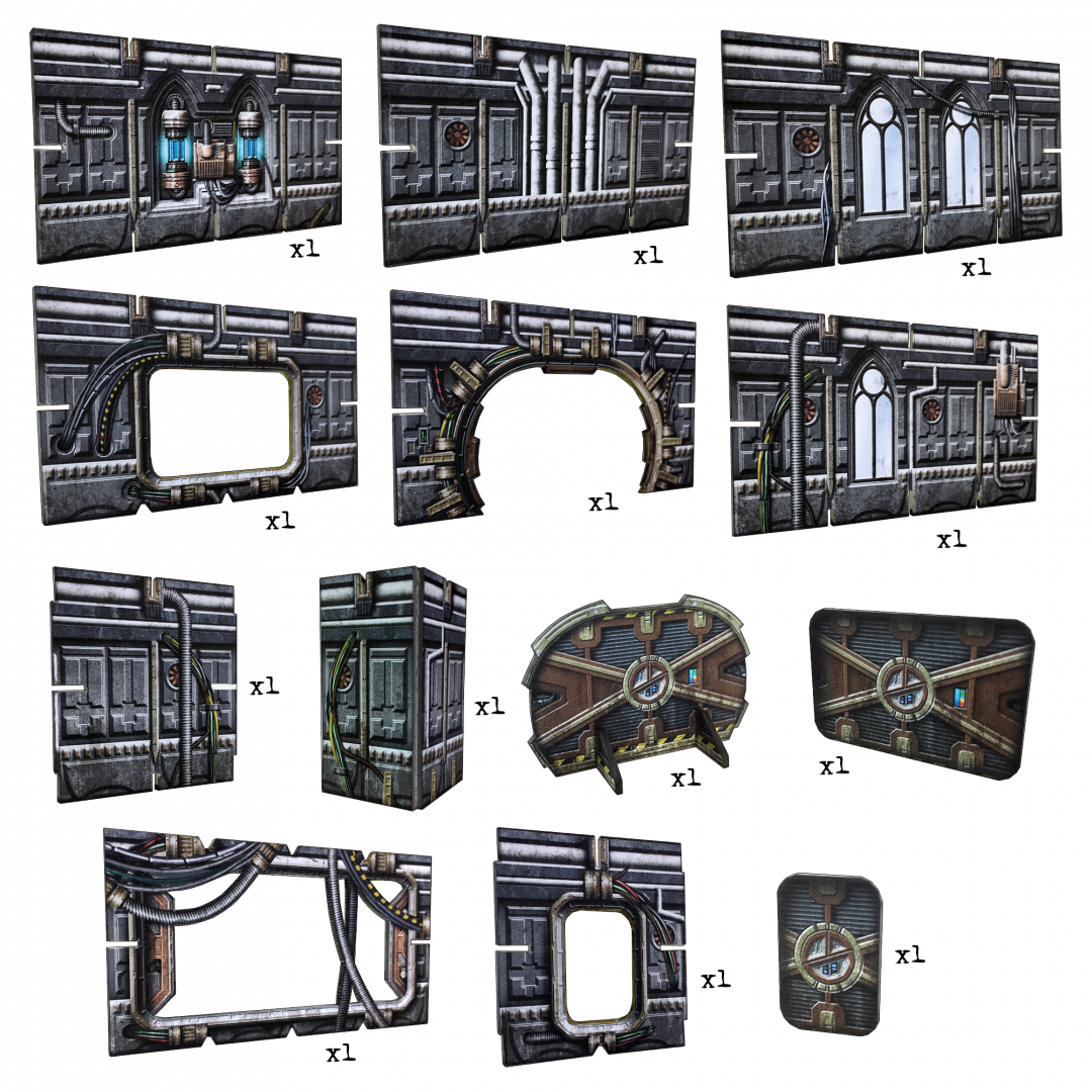 A set of modular sci-fi industrial terrain pieces including wall panels, pipes, wires, gothic windows, and door frames.