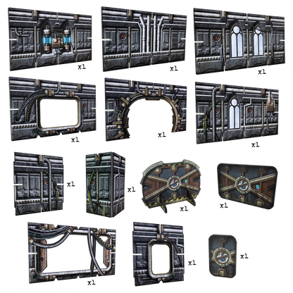 A set of modular sci-fi industrial terrain pieces including wall panels, pipes, wires, gothic windows, and door frames.