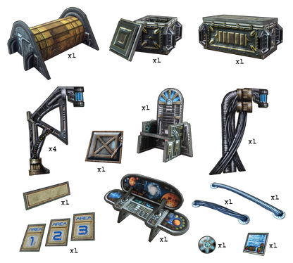A grid of futuristic sci-fi objects: metallic containers, a throne, control panels, lights, and assorted components.