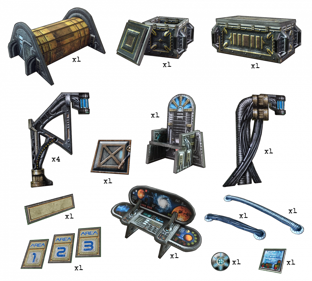 A grid of futuristic sci-fi objects: metallic containers, a throne, control panels, lights, and assorted components.