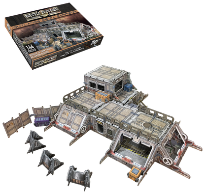 Modular sci-fi tabletop terrain set, Battle Systems Outlands Delta Garrison, shown with its box and assembled base.