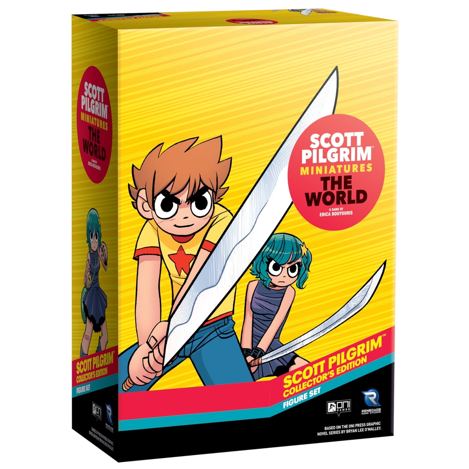 Yellow box for Scott Pilgrim Miniatures The World game, showing Scott and Ramona Flowers wielding swords