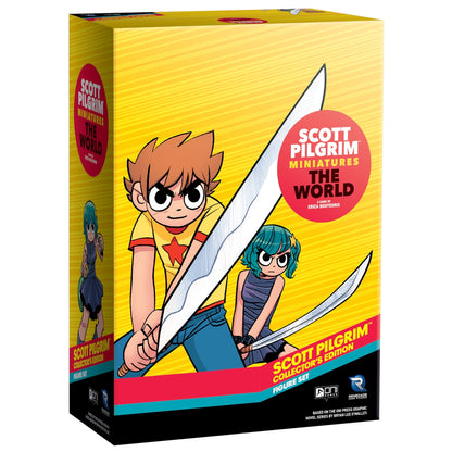 Yellow box for Scott Pilgrim Miniatures The World game, showing Scott and Ramona Flowers wielding swords