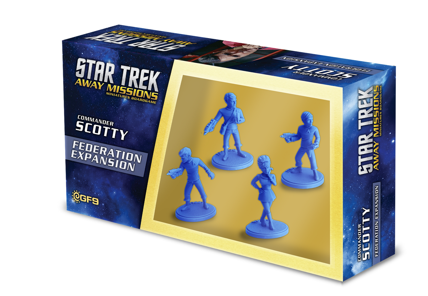 Star Trek Away Missions Commander Scotty Federation Expansion box displaying four blue Starfleet miniatures