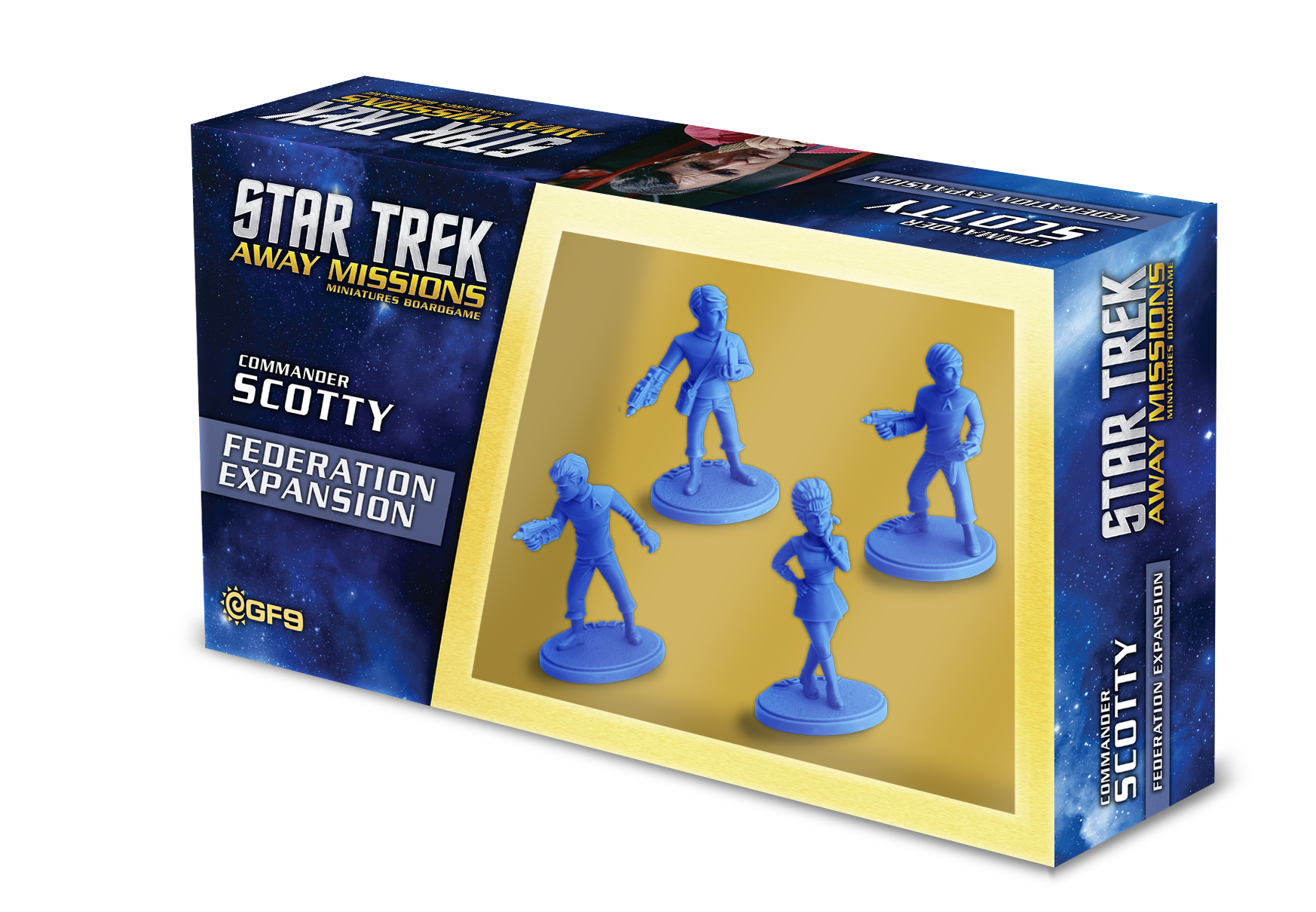 Star Trek Away Missions Commander Scotty Federation Expansion box displaying four blue Starfleet miniatures